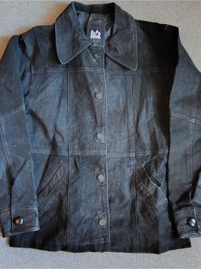 Y2K Black Leather Suede Jacket Grunge Streetwear Oversized Biker Goth Womens L